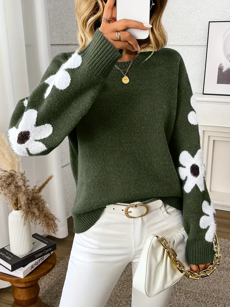 floral patterned crew neck knit sweater elegant and chic polyester blend knit fabric 359 g m Product details 8