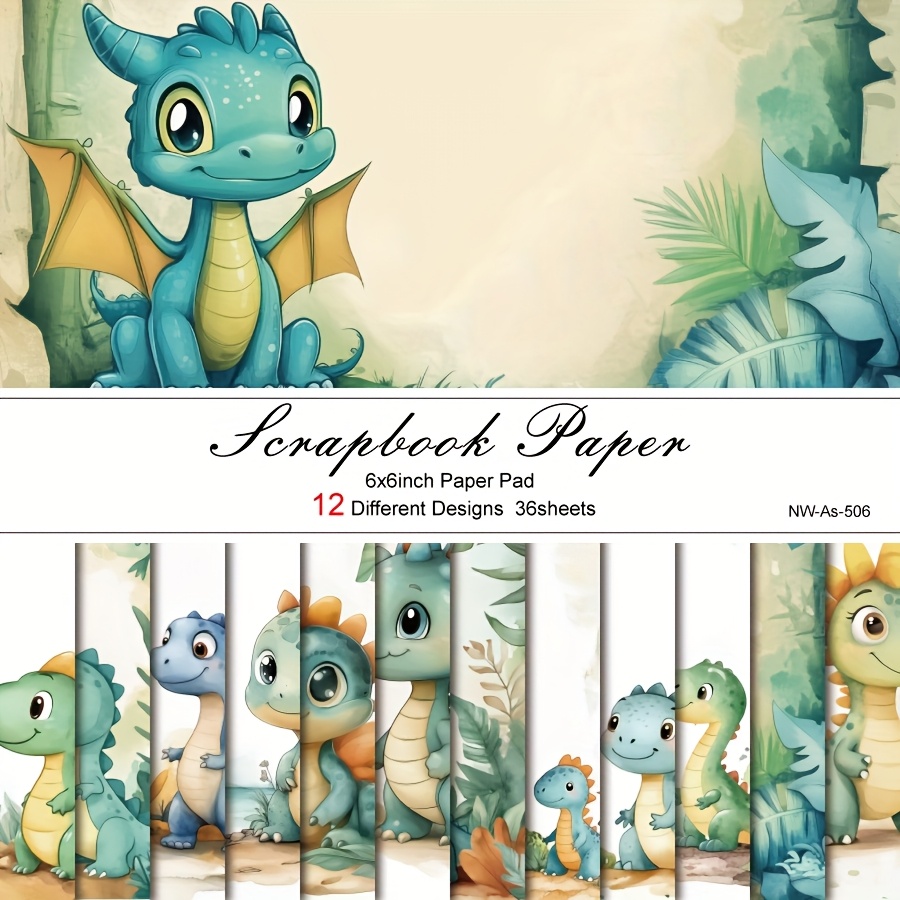 Image of 36 Sheets 6"x 6" Paper, Decorative Background Card Making Supplies, Diary Scrapbooking Supplies Kit Aesthetic Decorative Gift Wrapping - Cute Dinosaurs