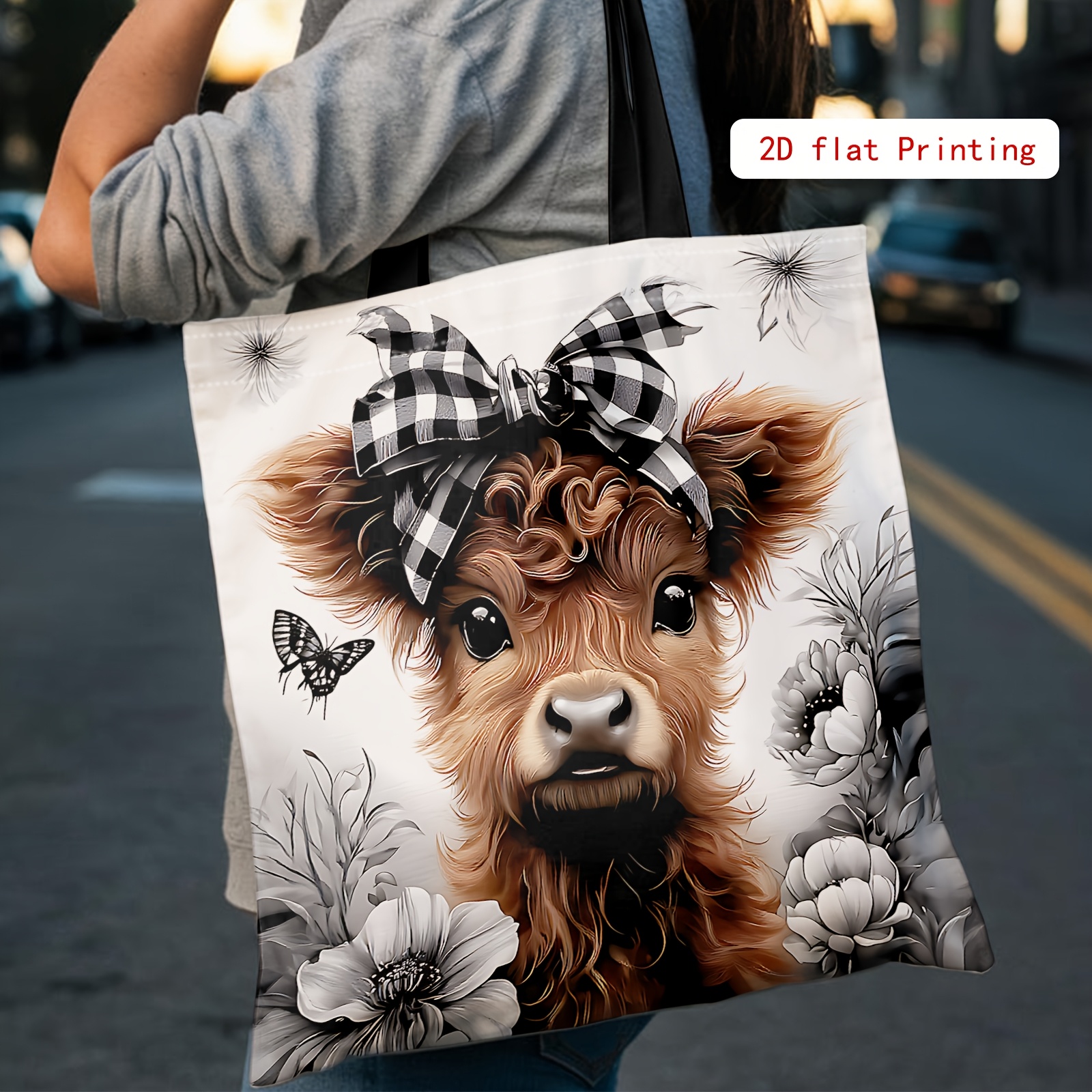 TEMU 1 sac imprimé sur le thème de Pâques, sac imprimé 2D, motif vache Highland, sac de courses réutilisable, sac à bandoulière et sac pour femmes