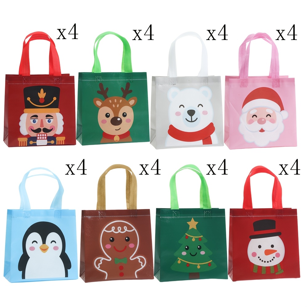 TEMU 32pcs Christmas Gift Packaging Bag, Penguin, Santa Claus, Reindeer, Gingerbread For Man, Christmas Tree Printed Non-woven Gift Bag, 7.9 Inches X