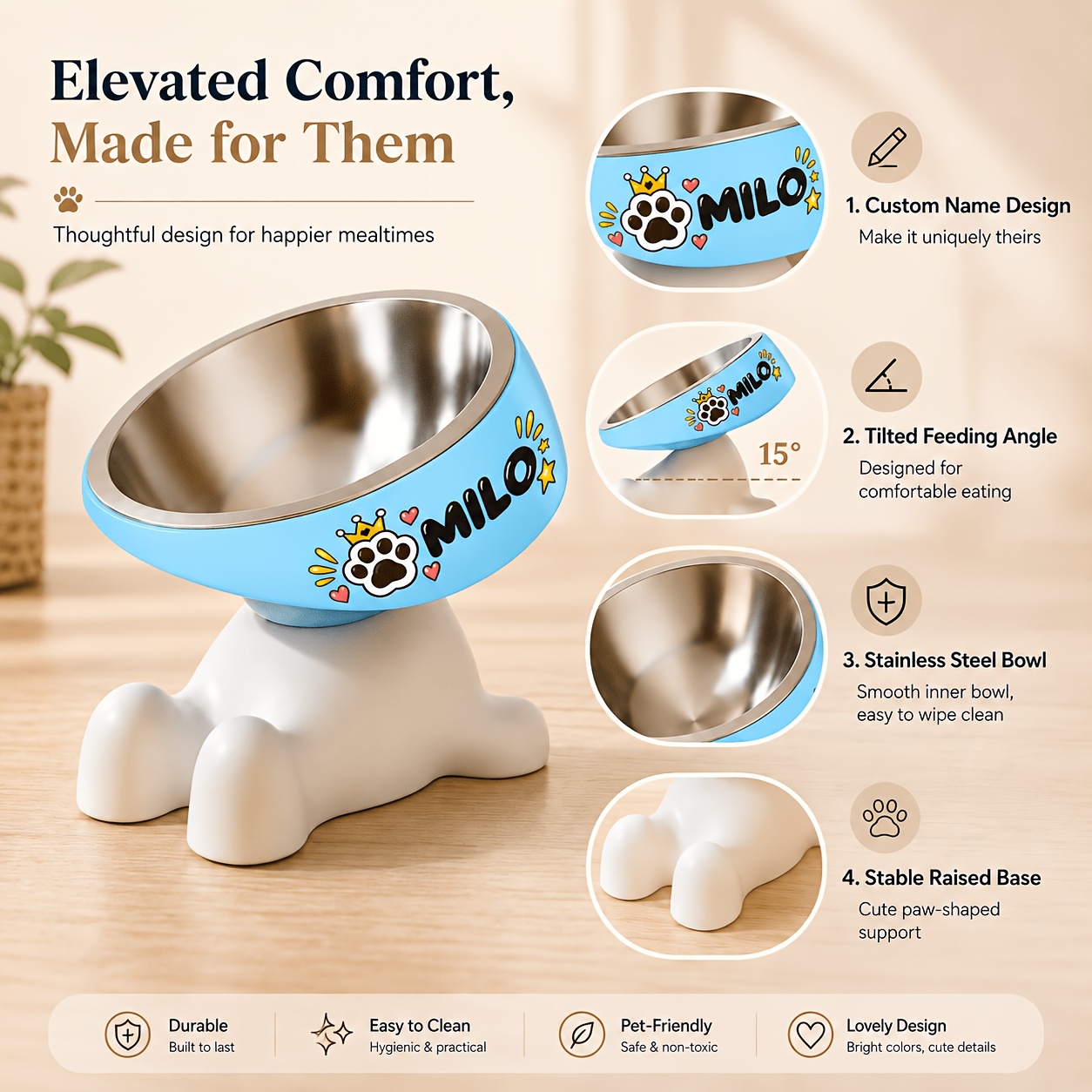 TEMU Available Personalized Pet Bowl Custom Name Stainless Steel Inner Removable Easy Clean Slanted Opening High-leg Cat Bowl Dog Bowl Kitten Small