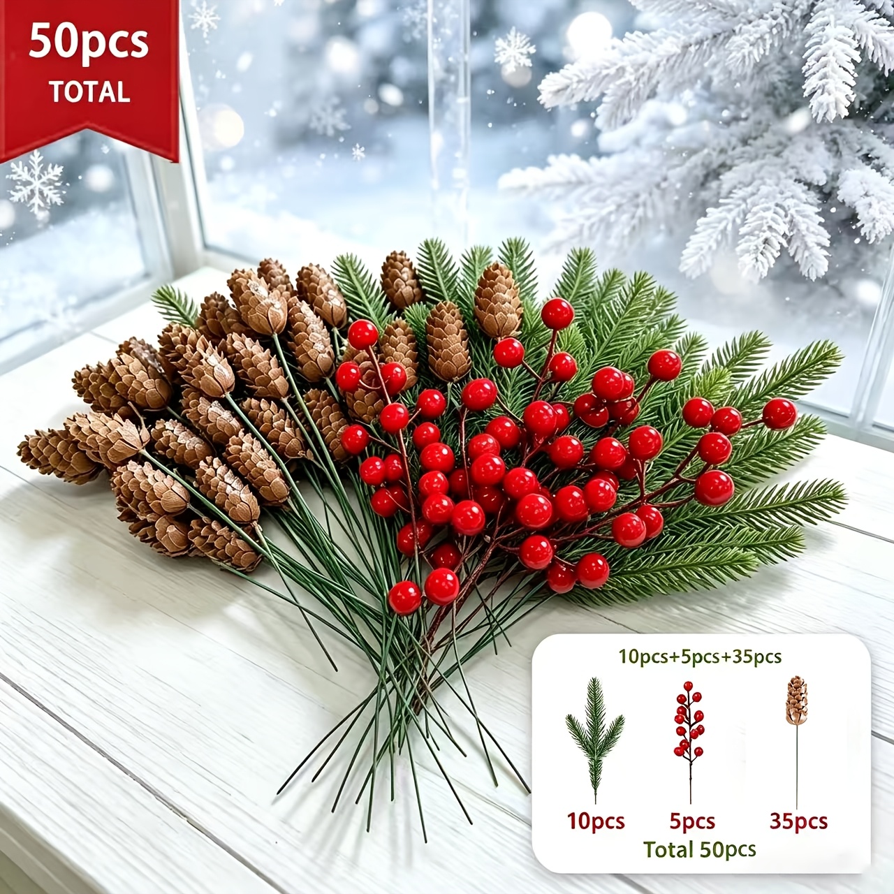 TEMU 50 pz Rami di Pino, e Ornamenti con Rosse | Decorazioni Natalizie Realistiche per Albero di Natale con Rami di Plastica | Centrotavola Invernali