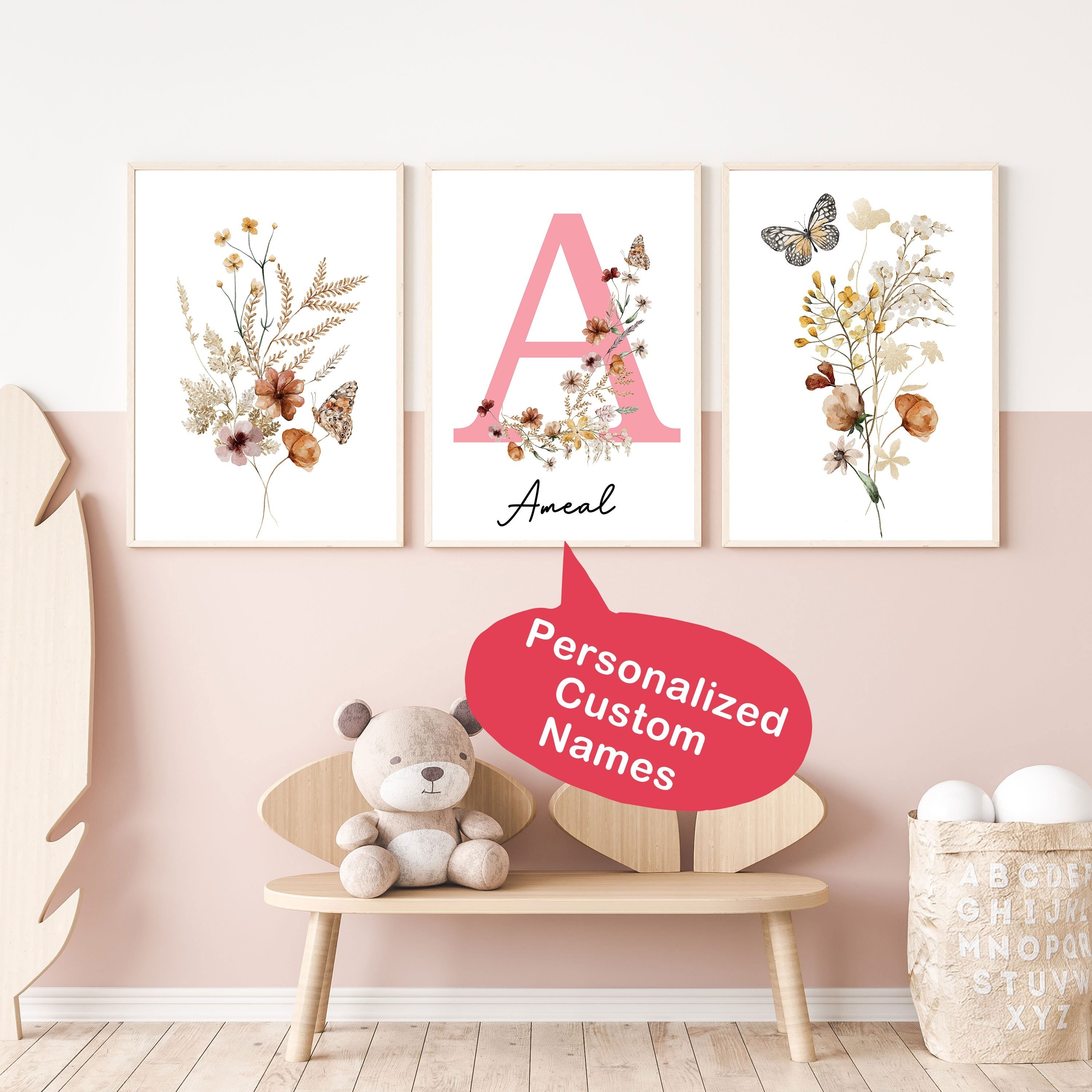 

Custom Floral Alphabet Wall Art Prints, Set Of 3, Personalized Name Canvas Posters For Girl's Room Decor, Summer Modern Minimalist Home Decor, Nursery/bedroom/living Room, Gift For Children, Unframed