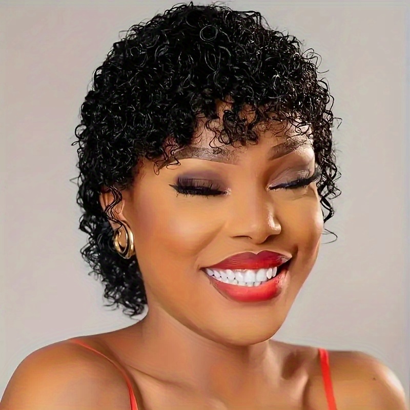 TEMU Afro Human Hair Wig For Women With Bangs Brazilian Human Hair Wig Short Water Curly Cut Human Hair Wig Full Machine Made 4" Holiday Wear Party Wear