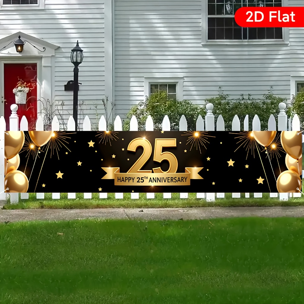 2d-flach, neuheit,  . 2d-flachbanner, 25. jubiläumsbanner mit goldenen luftballons sternen 1, aufwendig gemustertes großes hoffahnenbanner, sloganbanner für geburtstagsfeier jubiläumsfeier, hochzeitsdekoration für drinnen/draußen, ideal für feiertagsfeiern partyzubehör für drinnen/draußen, 2d