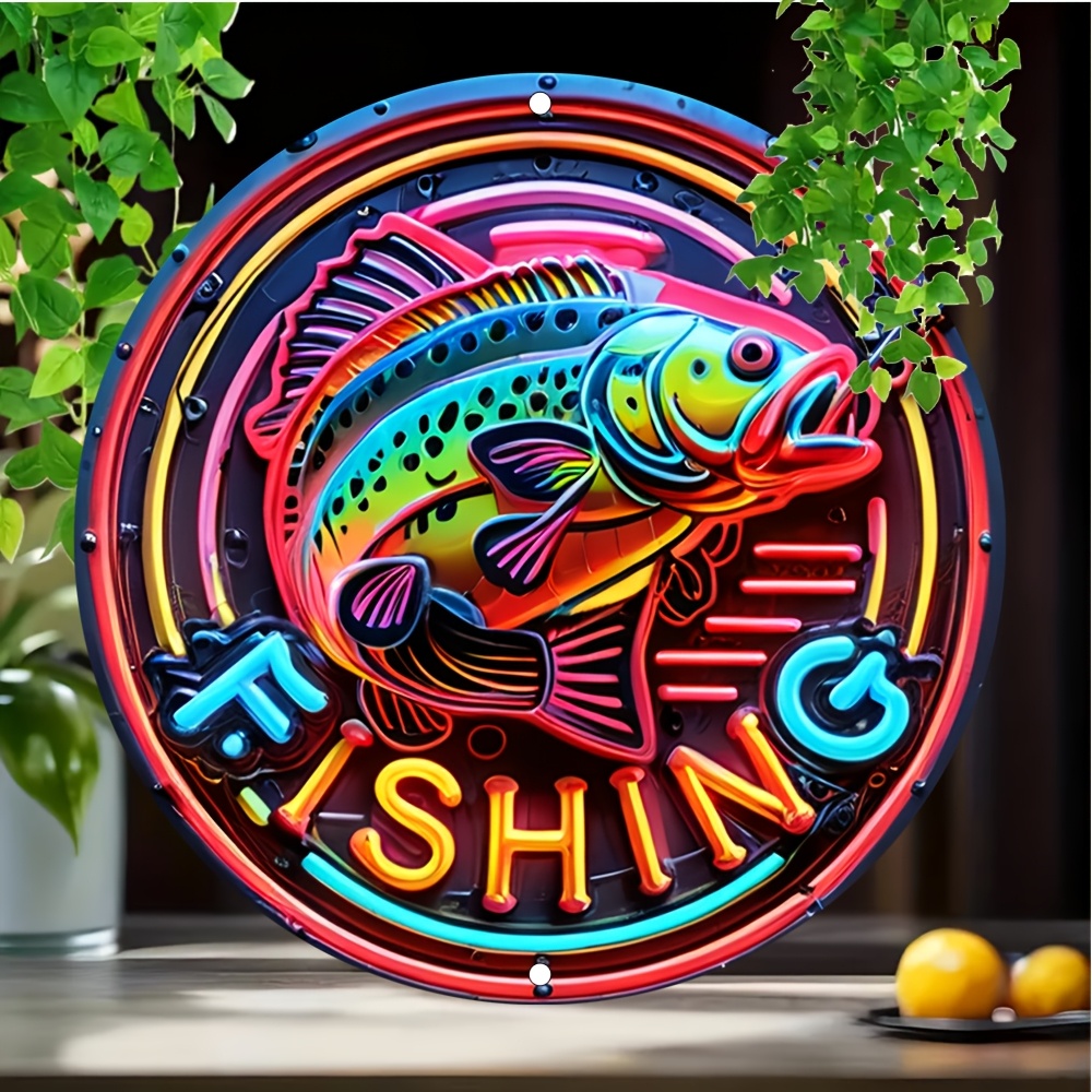 

1pc Vintage Aluminum Neon Sign Fishing - 2d Metal Round Wall Hanging Decor, Multipurpose Art For Home, Bar, Garage, Garden, Farm - English Text, 7.87 Inch