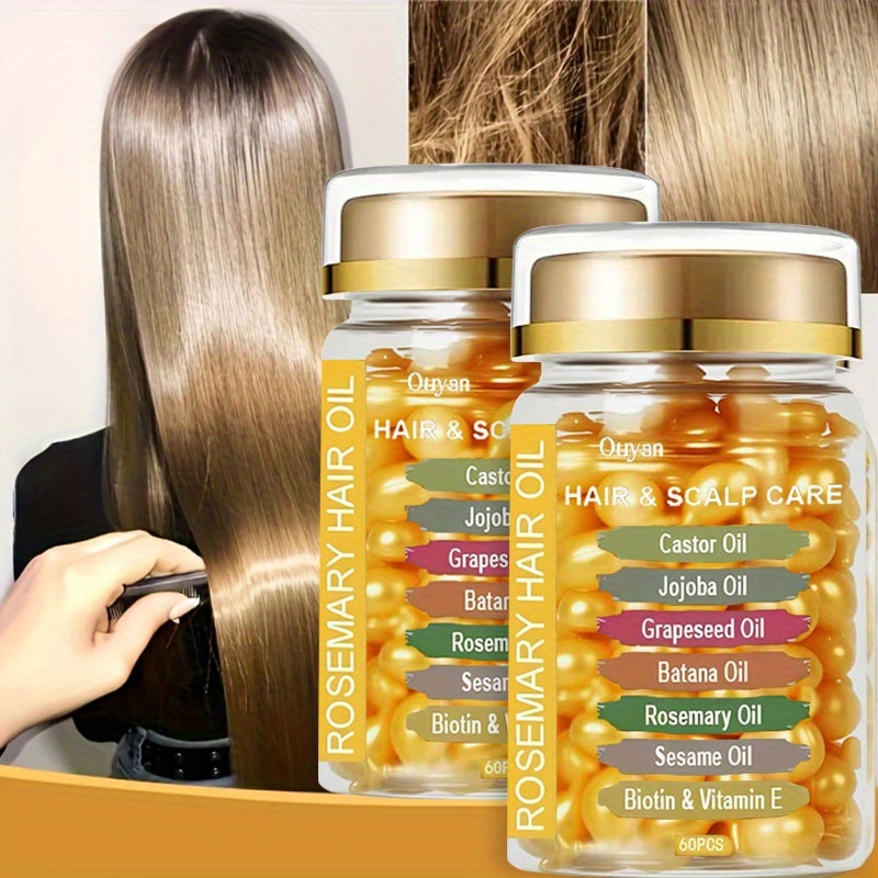 Image of 2 Bottles Of 120 Capsules Of -in-one Hair Care Essential Oil, Rosemary Oil, Oil, Castor Oil Oil, Grape Seed Oil, Banana Oil, Moisturizing And Smoothing Hair Quality. Used For Face, Body And Hair