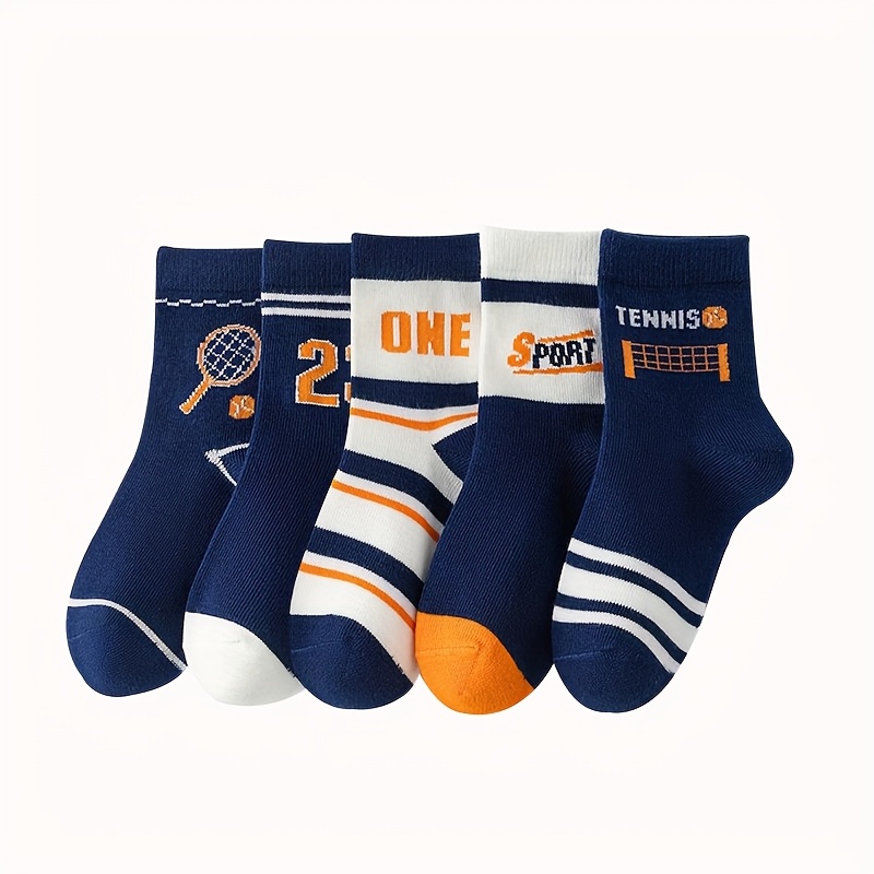 Image of 5-pair Kids' Breathable Sports Socks, Cartoon Tennis Mid-calf Socks For Boys And Girls