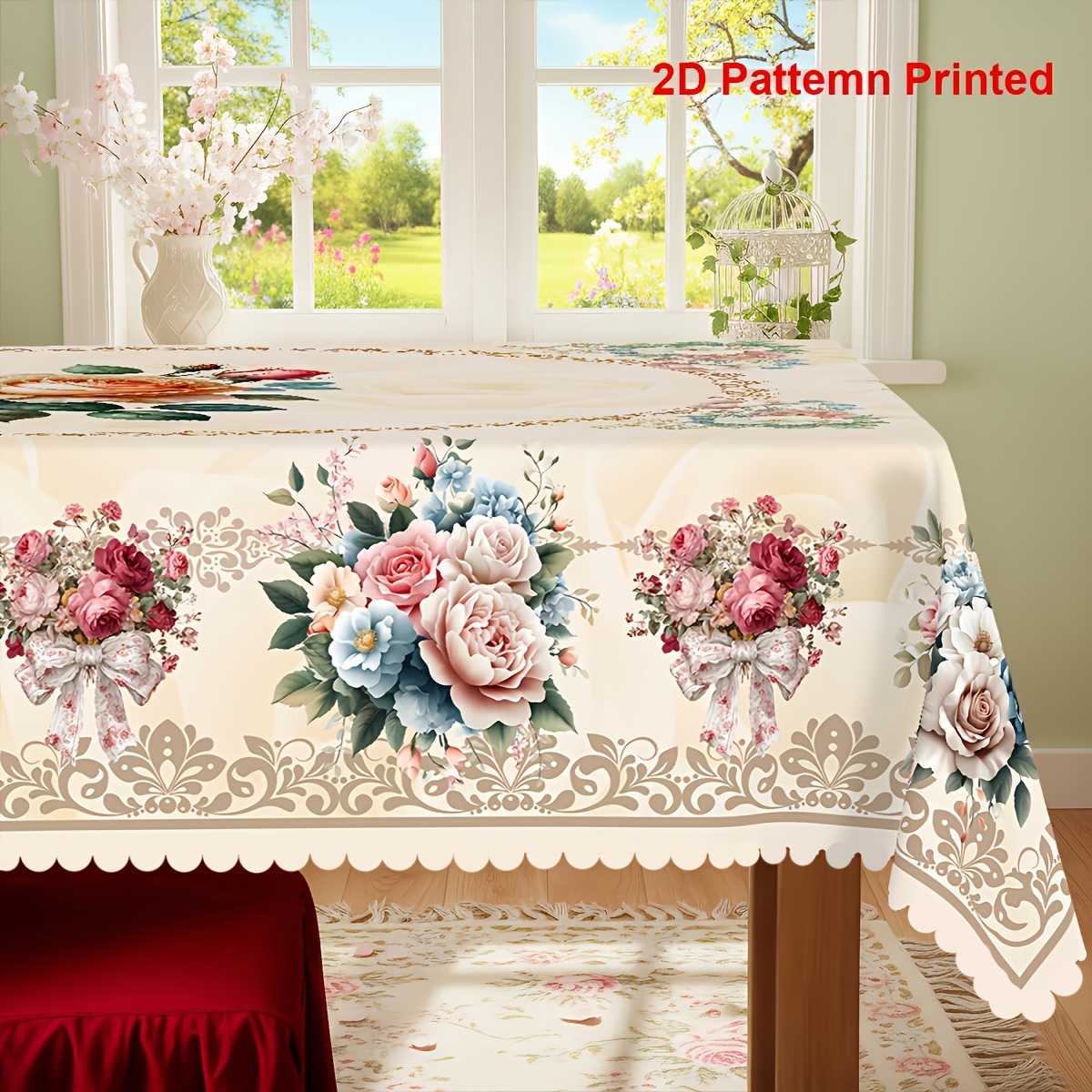 TEMU 1pc Spring Summer Themed Party Tablecloth | Valentine's Day Mother's Day Bow Rose Floral Printed Design, Round Table Cloth, Embossed Edges,