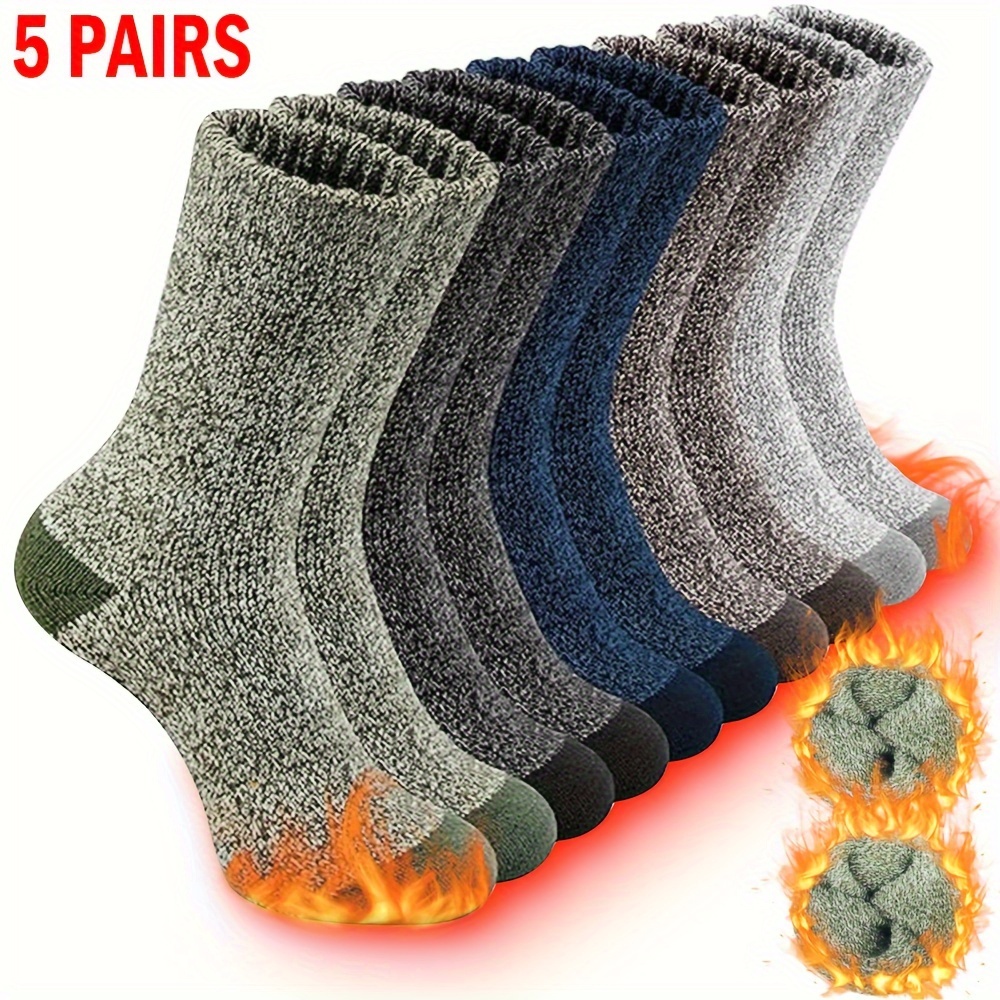 

5 Pairs Thermal Winter Socks - Knit Fabric, Solid Color, Polyester 95%, Elastane 5%, Cozy & Warm For Hiking, Fishing, Breathable, Machine Washable