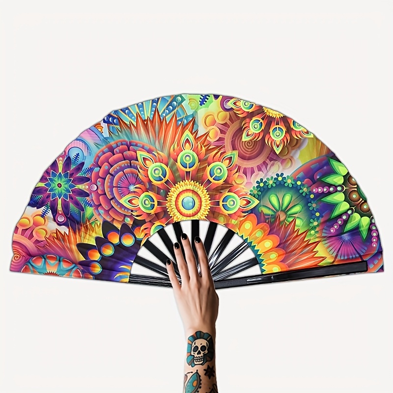 Large -the-dark Psychedelic Folding Fan With Uv-activated Luminous Mandala Print - Uv Responsive Party Accessory For Raves, Concerts, Glowstick-compatible Events - Portable Dance Fan For & (no /