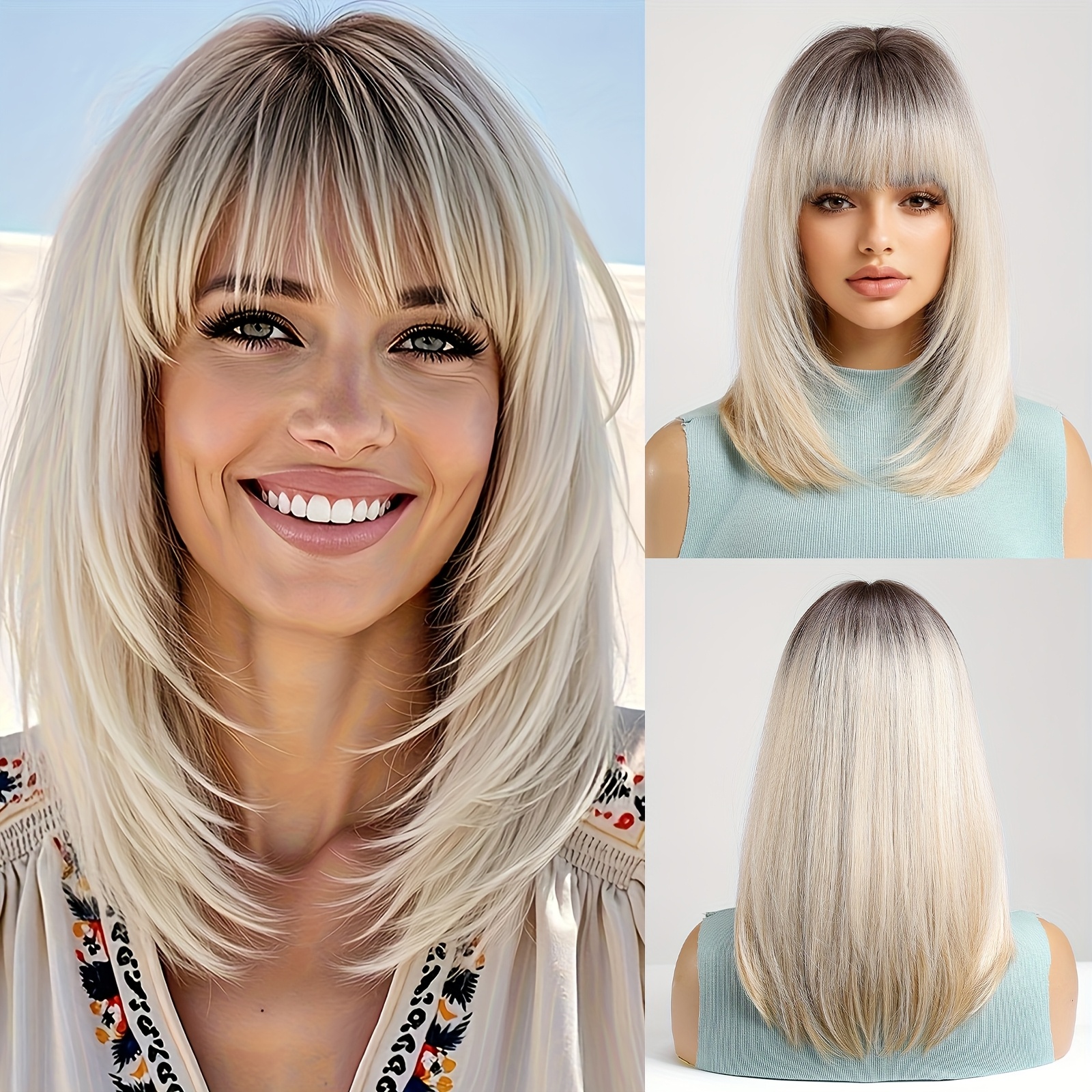 E-shop 14-Zoll Platinblonde -Perücke aus hochwertiger, hitzebeständiger synthetischer Faser mit Rosennetz geradem Pony, geeignet für die tägliche