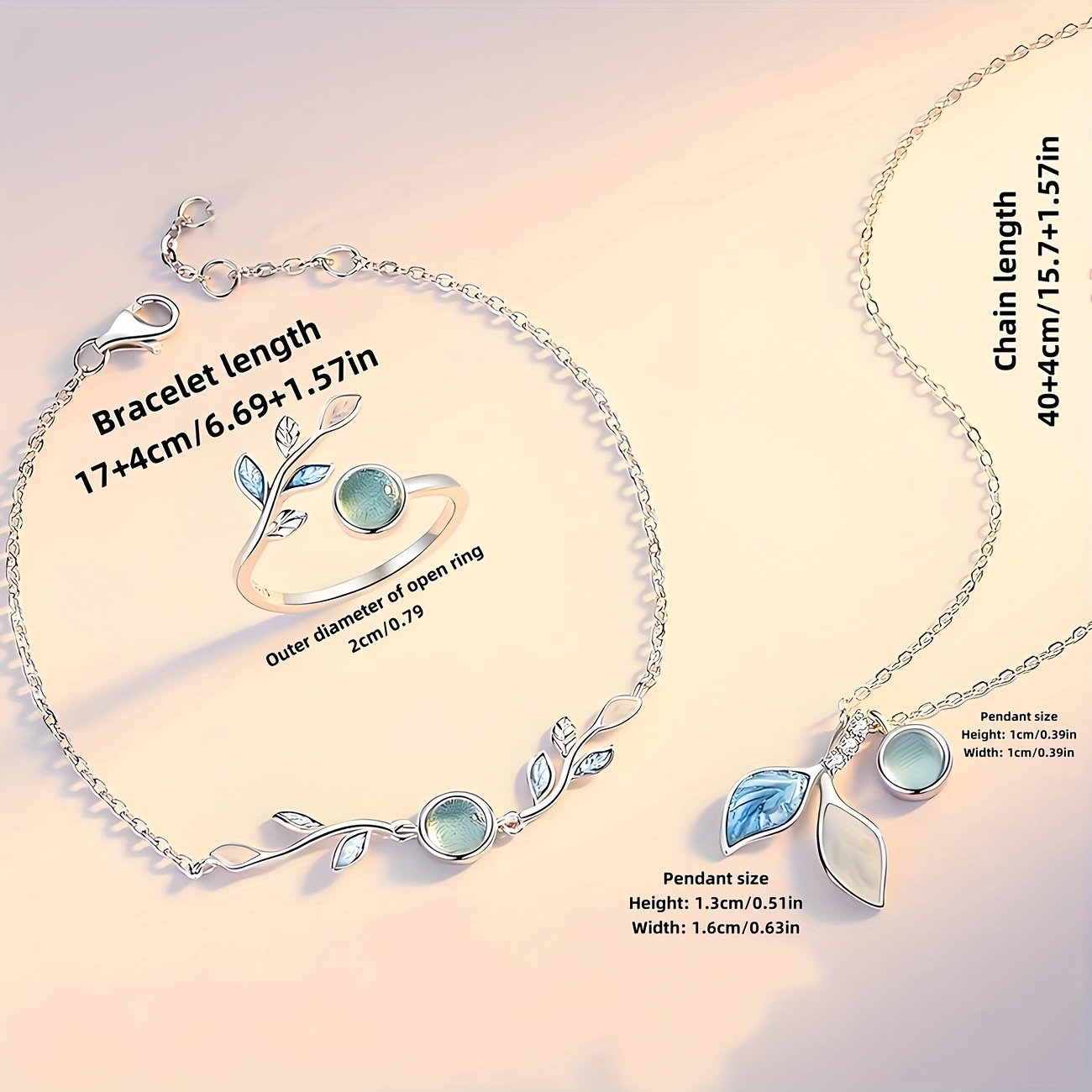 Moonstone Leaf Jewelry Set - Necklace, Ring, Bracelet - Silvery Plated
