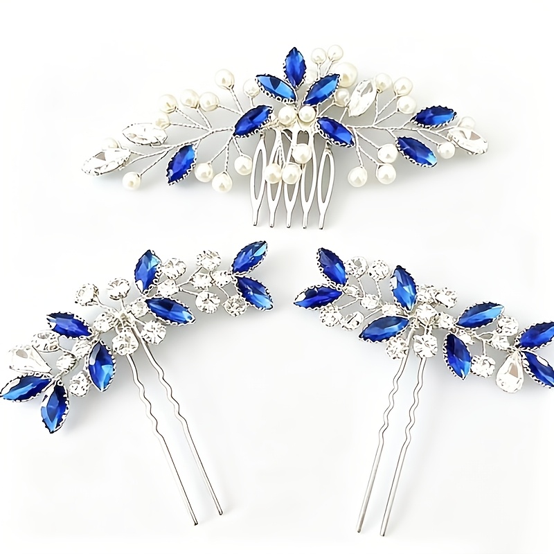 Image of 3pcs Bridal Hair Accessory Set With Blue Rhinestone Hair Pins, Wedding Hair Clips, And Styling Tools For Women. Suitable For Weddings, Daily Wear, And As Gifts For Bridesmaids Or