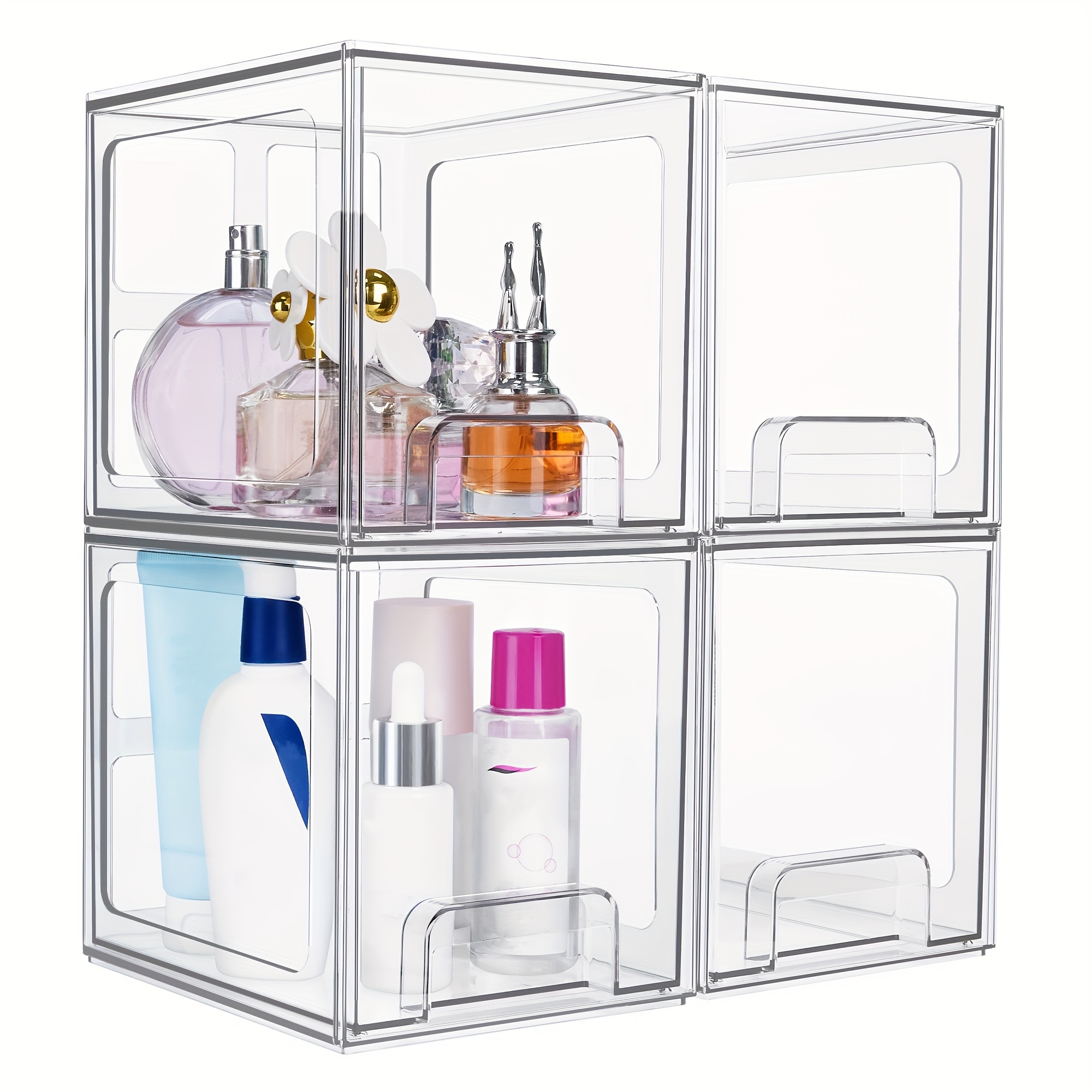 TEMU 4 Pack Stackable Storage Drawers, 7.5"d X 6"w X 6.6"h Acrylic Bathroom Makeup Organizers, Clear Plastic Storage Bins For Vanity, Perfume