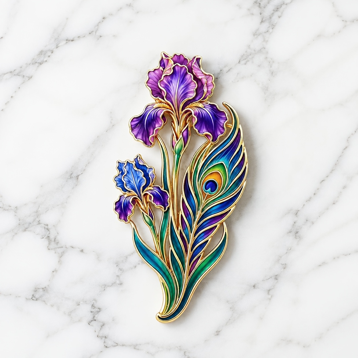 TEMU Vintage Iris Badge, Purple-blue Gradient Floral Feather Long Lacquered Badge, Elegant Suit Shawl Decoration, Artistic Exquisite Gift