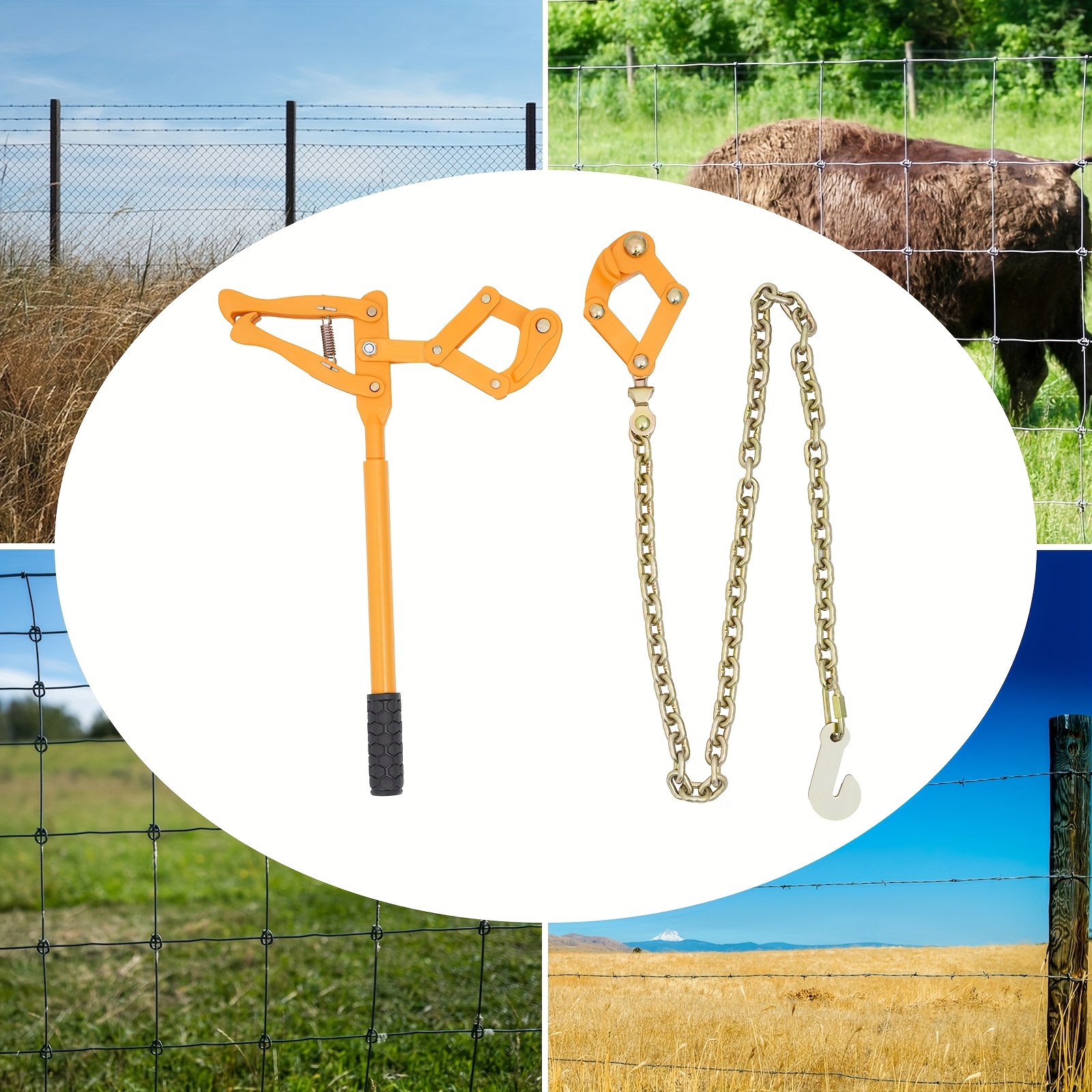Image of Heavy Duty Fence Wire Tensioner Tool With Chain, 1000kg Capacity For Pulling And Tightening Barbed Wire, Steel Ranch Fencing Repair, Galvanized For Outdoor Use