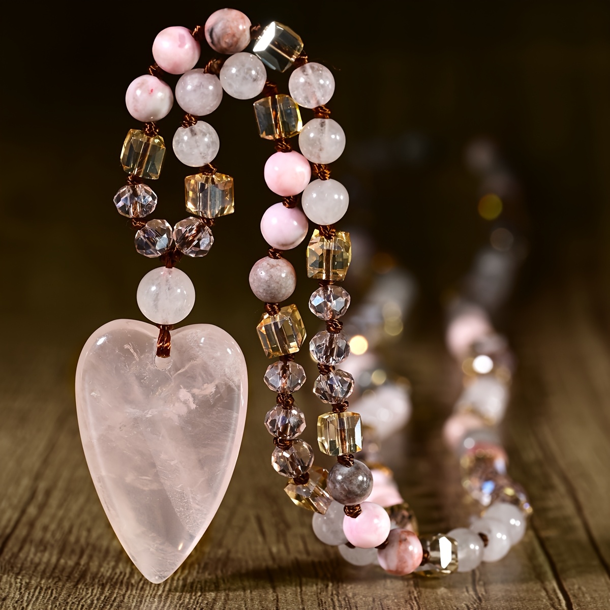 TEMU Boho Rose Quartz Heart Pendant Long Necklace Ethnic Love Natural Stone Sweater Chain Handmade Jewelry Gift