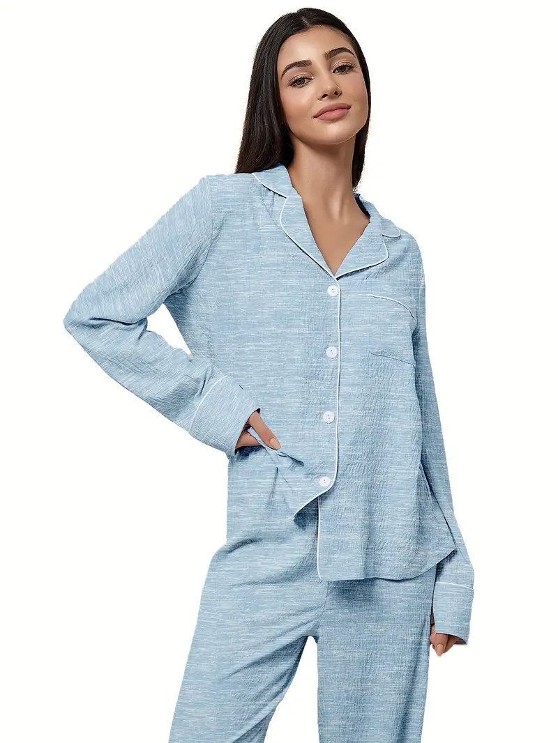 3 sets of 6pcs womens casual polyester solid color long sleeved top long pants sleepwear set fabric long sleeved lapel top with loose pants wear outside Product details 4