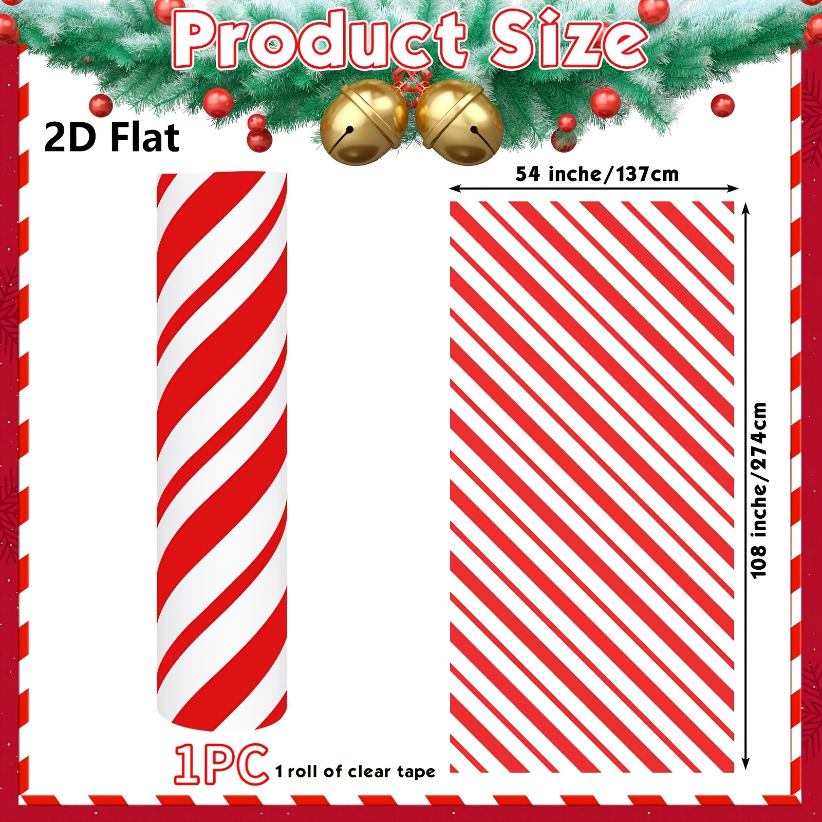TEMU 2d Flat, 2d Flat Banner, 1pc Christmas Red And Cane Striped Porch Column Background Cloth, Pillar Wrap With Double-sided Tape, No-drill ,