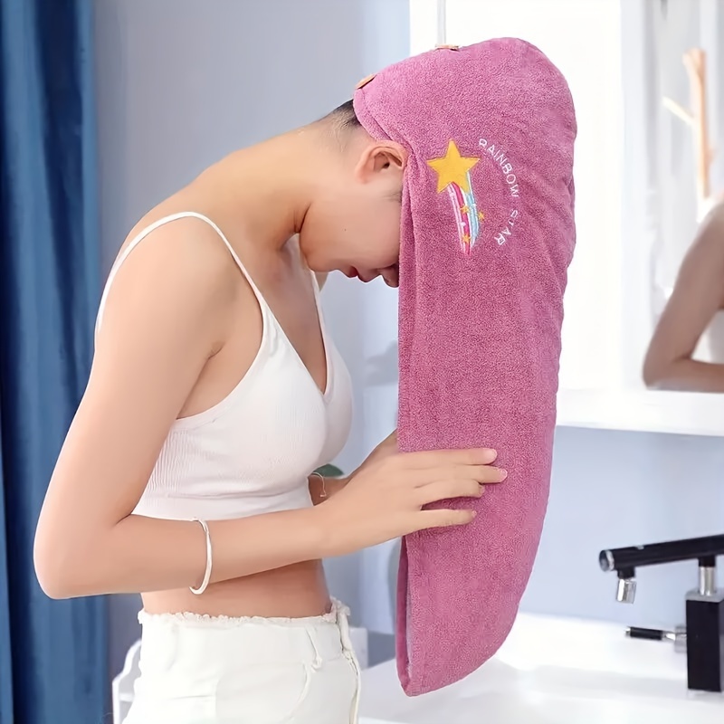 

2pc Embroidered Hair Towel With Button, Soft Hair Drying Cap, Cute Solid Color Hair Towel For Bathroom, Absorbent Quick Drying Hair Wrap Towel For Women, Bathroom Supplies