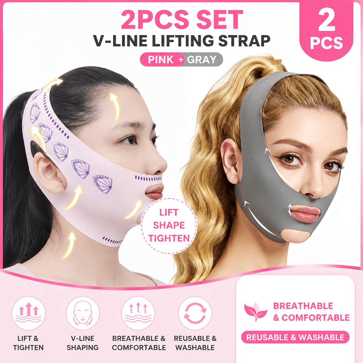 TEMU Juego de 2 piezas [Rosa + ] Cinturón de entrenamiento facial – Correa de levantamiento ajustable para línea en V, reductor de papada, mascarilla