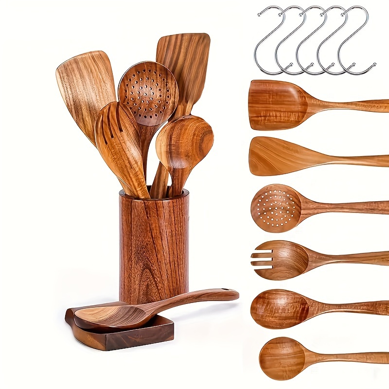 

Wooden Spoons For Cooking Wooden Utensils For Cooking Set With Hold Spoon Rest And Hooks Teak Wood Nonstick Kitchen Cookware Durable Set Of 8pcs