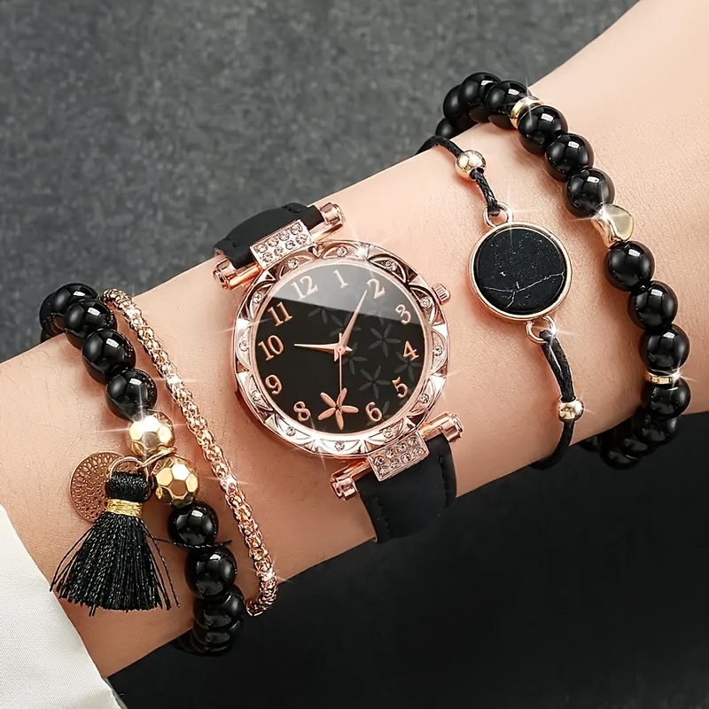 

Elegant 5-piece Womens Watch & Bracelets Set With Floral Rhinestone Detail - Chic Quartz Movement, Faux Leather Strap - Perfect Gift For Her