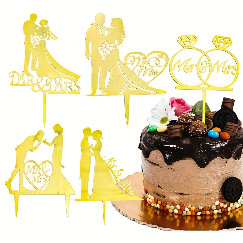 Image of 5pcs Mr And Mrs Cake Topper, Golden Glitter Bride And Groom Sign Wedding Engasynthetic Gemstoneent Cake Toppers Decoration Acrylic Wedding Cake Toppers，halloween，christmas