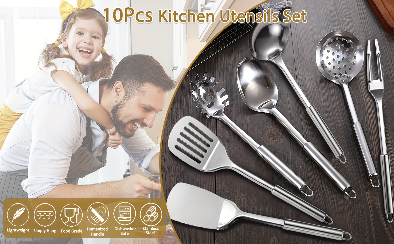 set of 10 stainless steel kitchen tools including heat resistant spatula turners serving spoon ladle skimmer and pasta fork Product details 0