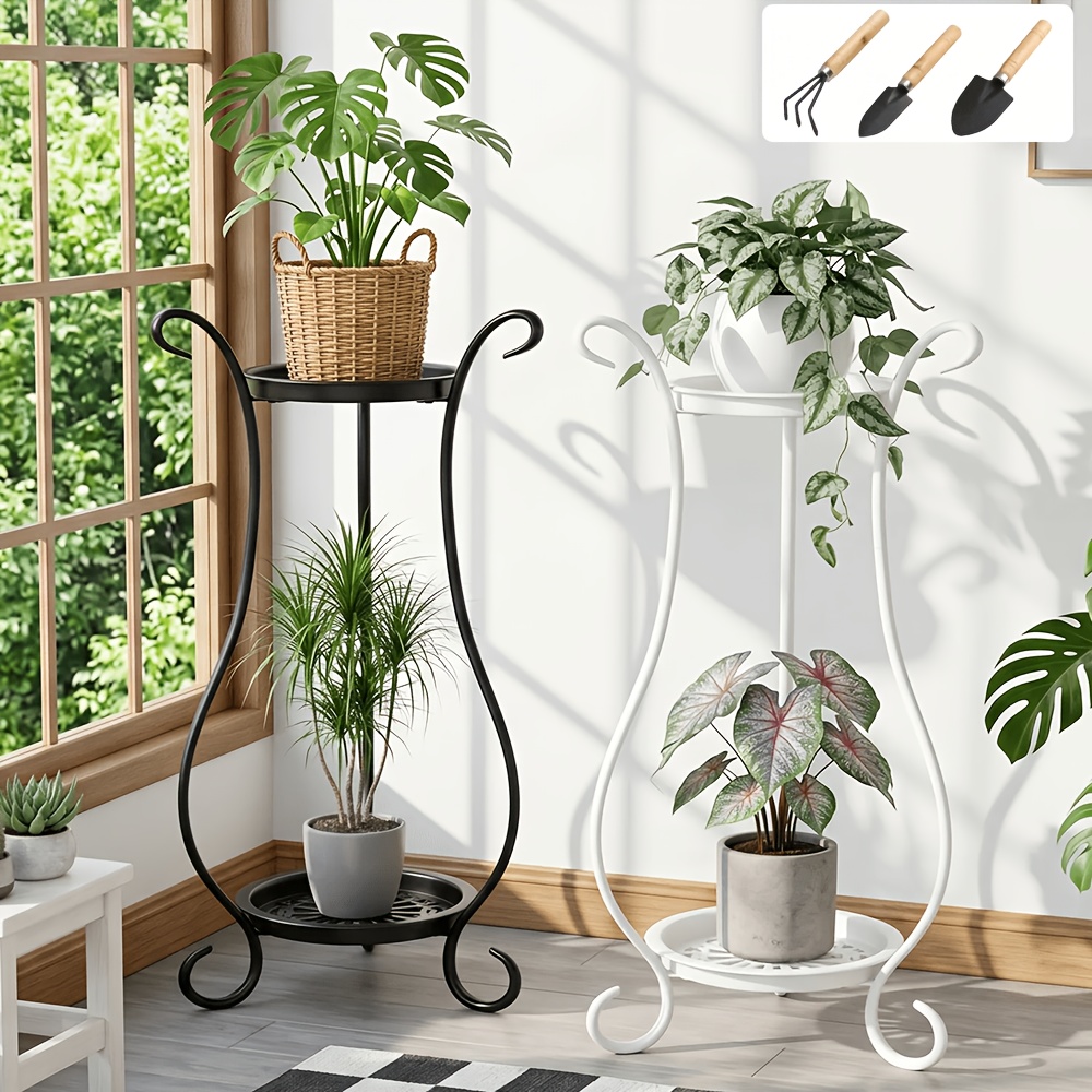 TEMU 1pc Double-layer Metal Plant Stand, A Easy European-style Flower Pot Stand, A Floor-standing Plant Stand, With 3 Shovels, Lightweight, Elegant,