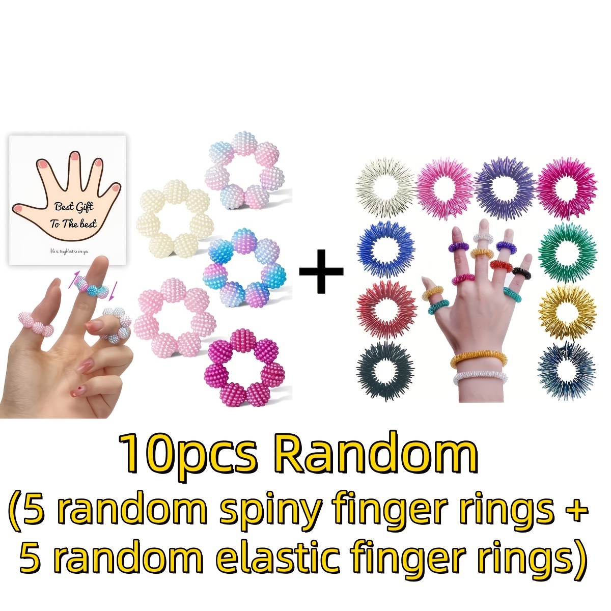 10pcs Combination Massage Finger Rings (5 Random Finger Rings + 5 Random Elastic Finger Rings), 2 Different , With Random Colors