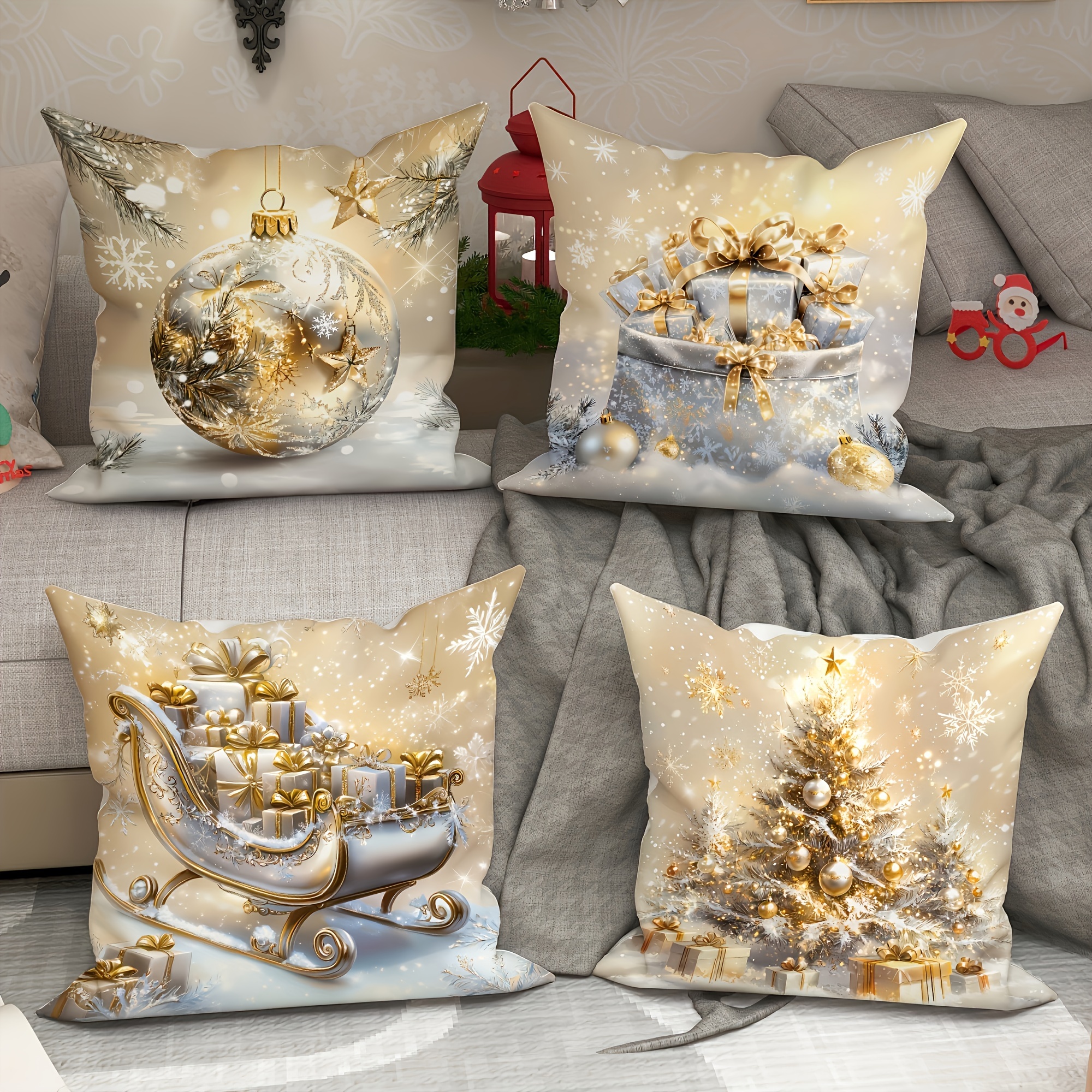 

Contemporary Christmas Set Of 4, 18x18 , Stain , Zippered Cushion And , Washable, Pillowcases For , , And Decor - Inserts Not Included