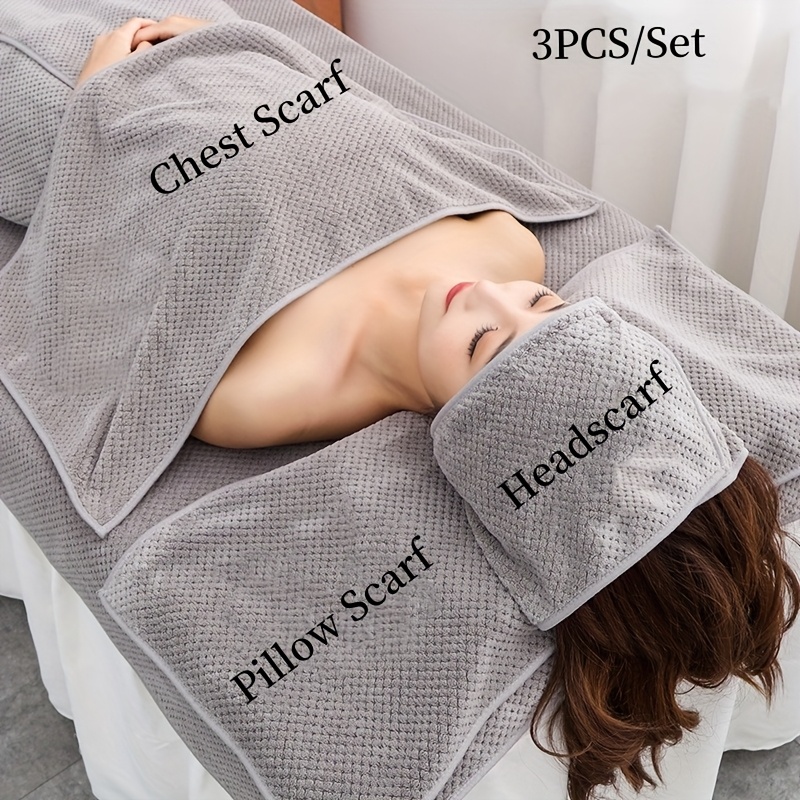 

3pcs Unscented Spa Towel Set - Headscarf, Pillow & Chest Towels For Skin Management - No Electricity Or Battery Needed