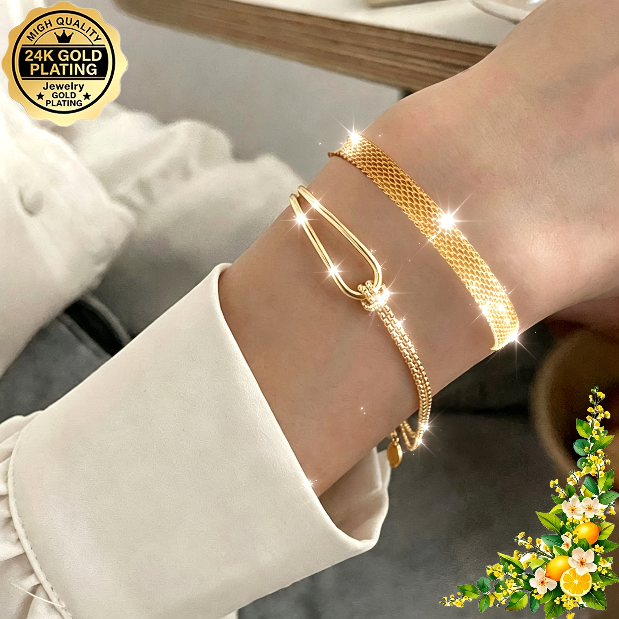 TEMU Juego de 2 piezas: Pulsera de malla elegante y de acero inoxidable 316 con baño de oro de 24K + Pulsera de cadena ajustable de lujo con colgante