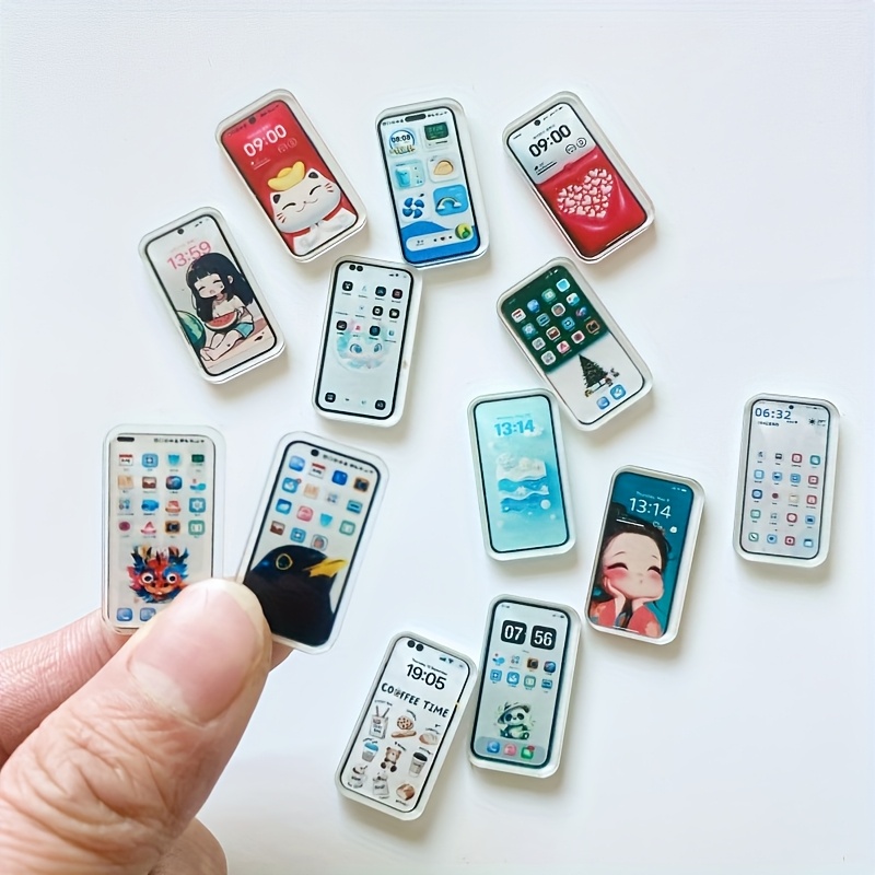 TEMU 5/20pcs Miniature Realistic Smartphone & Tablet Props - Multicolor Mixed Designs (penguin, Hearts, Clocks) For Dollhouse Diy Decor, Durable