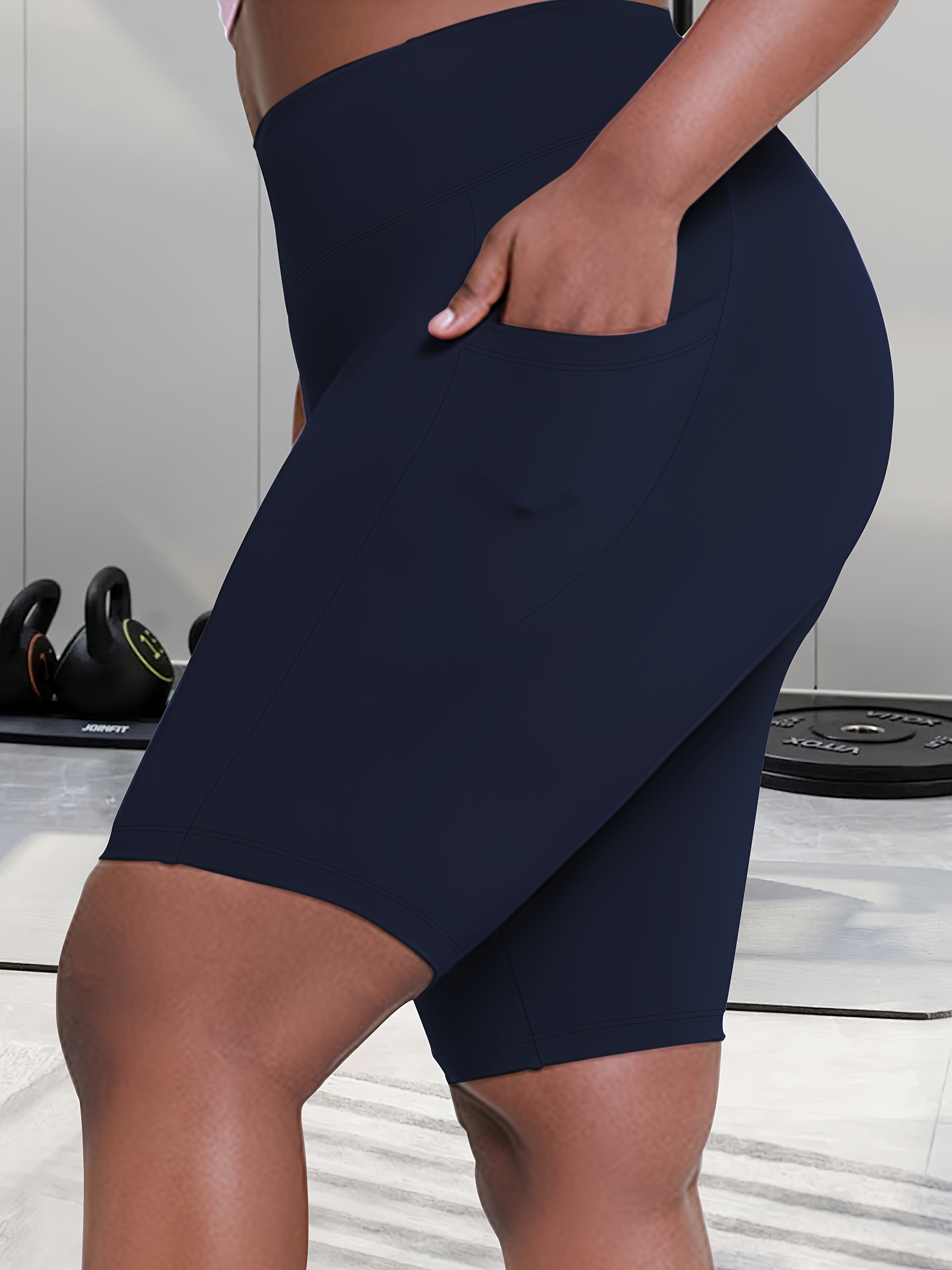 Women's High-Waisted Plus Size Side Pocket Shorts, Breathable Workout Leggings For Women, Fitness Apparel