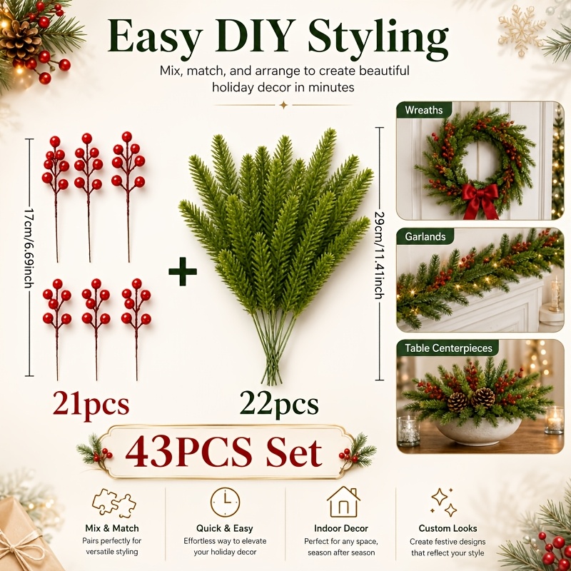 43pcs Vibrant Combination Bouquet, No Maintenance Required, Long-lasting Display, Suitable For Outdoor Gardens, Courtyard , Christmas, And Christmas Celebration Scene Decorations