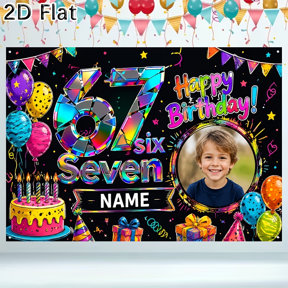 TEMU Bannière de fond plate 2D, 1 pièce, imprimée et colorée, personnalisée pour fête du 67e anniversaire, prend en charge le nom et la photo