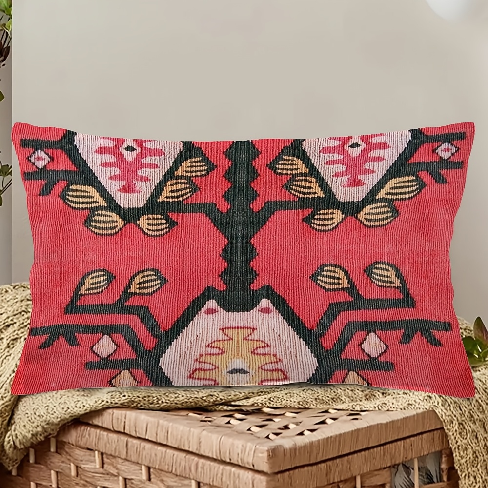 TEMU 1pc, Super Soft Short Plush Waist Cushion Pillowcase, Double-sided Printed 12x20 Inch, Bohemian Roses, Ethnic Tribal Pattern, Suitable For Sofa,