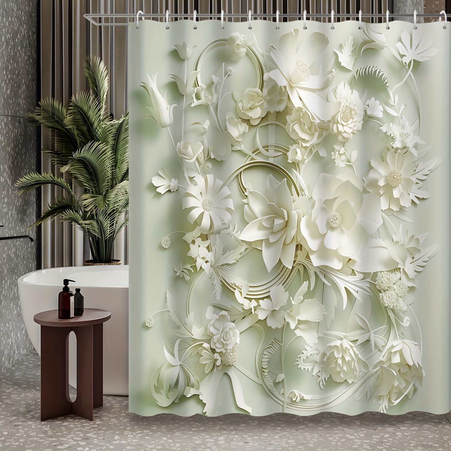 

Elegant 3d Embossed Cutout Floral Design Shower Curtain Set With 12 Hooks, Water-resistant Polyester Bath Curtain With Grommet Top, Machine Washable All-season Bathroom Decor - White Flowers