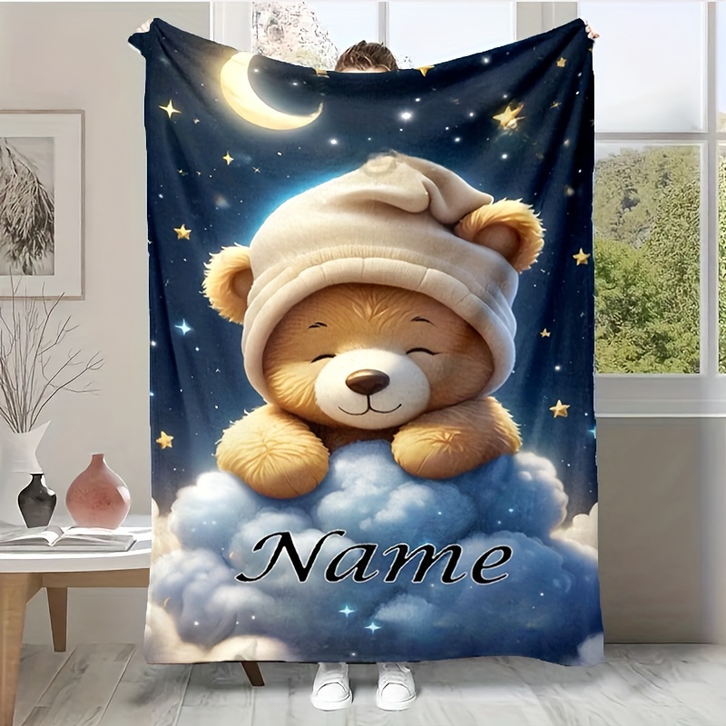 

1pc Customizable Bear Blanket Personalized , Flannel Fleece For Sofa, Bed, , , , - , , , 200-250g Knitted