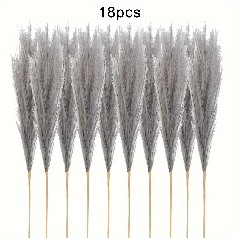 Image of 18pcs Of Gray Artificial Pampas Grass, Pampas Grass Floor Vase, Pampas Decorative Grass Tall Vase Filler, Bohemian Home Decor