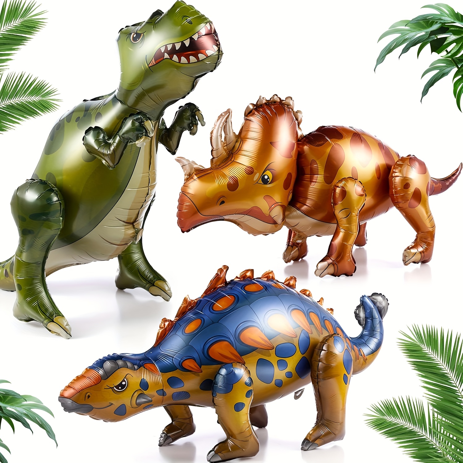 Image of 3 Giant 4d Dinosaur Balloons, Inflatable Cute Self-standing Aluminum Dinosaur Balloons, Suitable For Boys And Adults, Perfect For Jungle Dinosaur-themed Showers And Birthday Party Decorations.