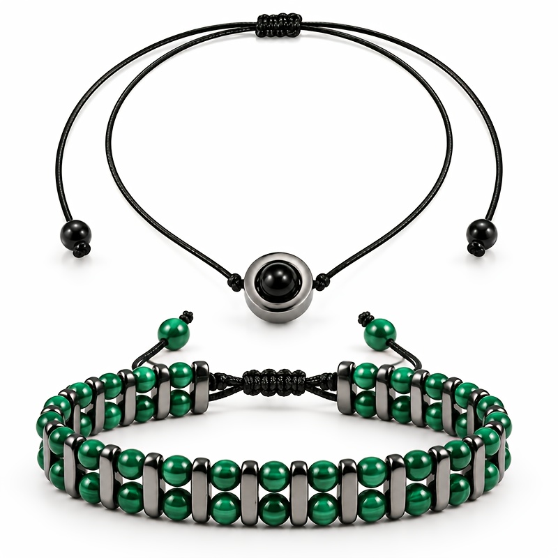 2pc Natural Obsidian Jewelry Set, Adjustable Necklace & Bead Bracelet