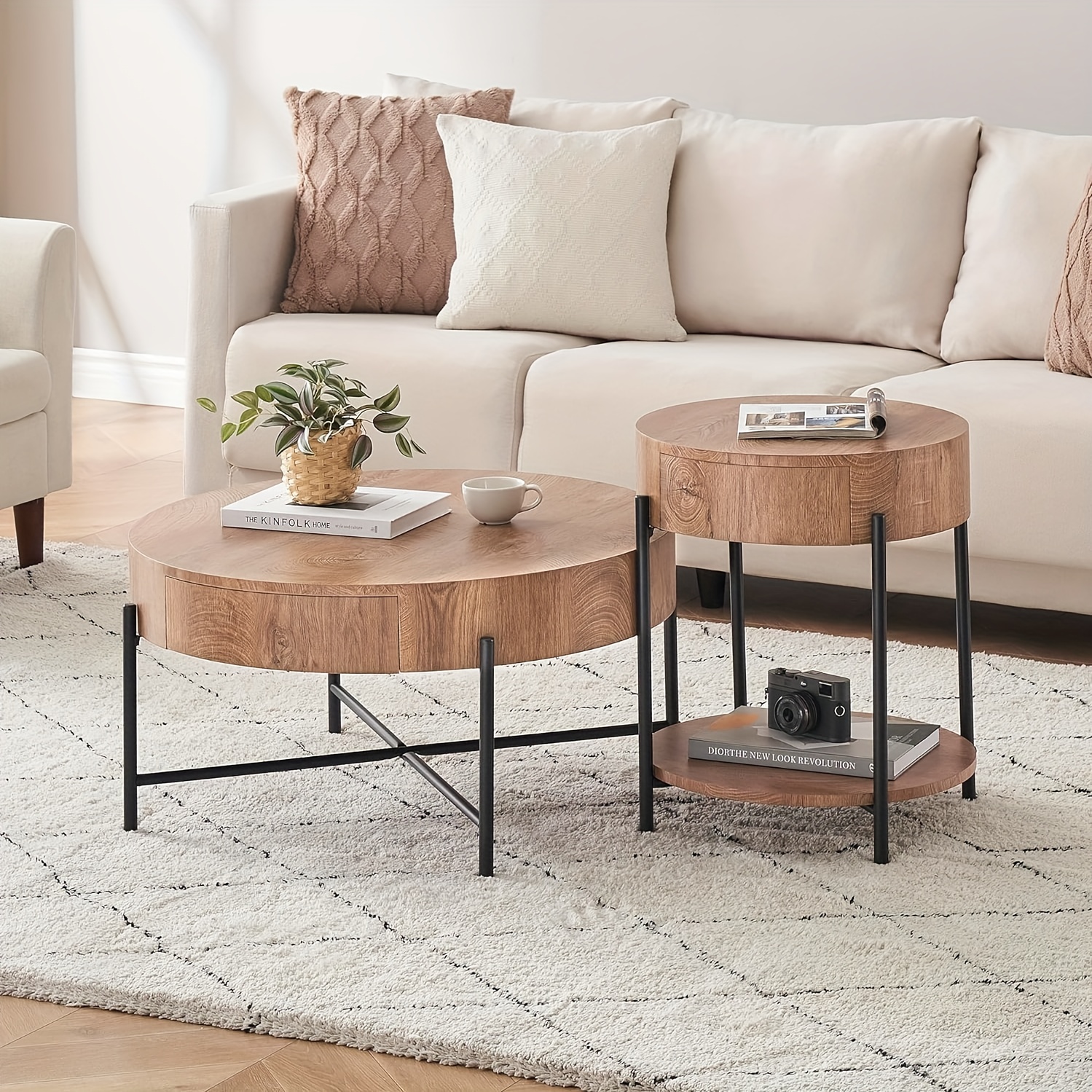 Modern Round End Table with 2-Tier Storage & Drawer - Heavy-Duty Wooden Side Table, Space-Saving Circular design, Easy Assembly, for Living Room, Bedroom, Home Office - Sturdy Modern Furniture, Growth Ring Pattern, Dorm Room Essentials, Contemporary Design, Minimalist Lovers, No Visible Frame, Minimalist Lifestyle