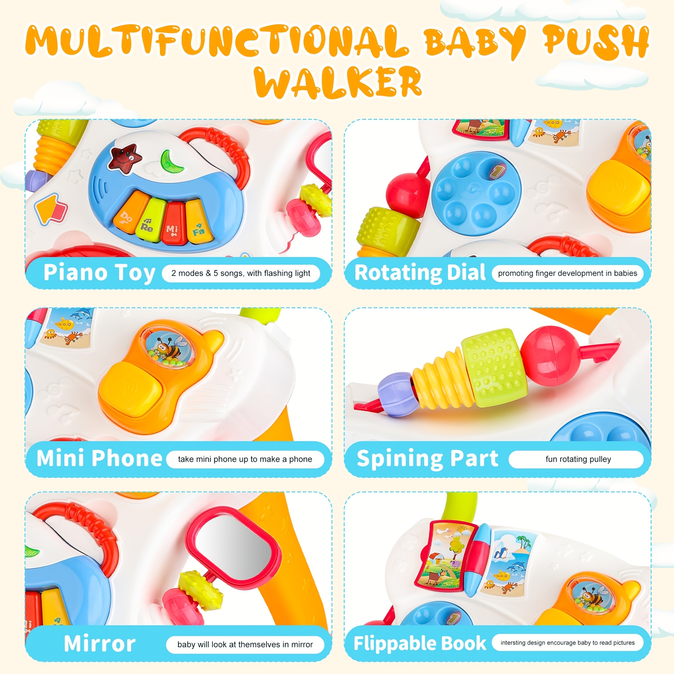 Baby Walker 5in 1, Sit-to-Stand Learning Walker, Assemble As Scooter/Balance Bike/Push Walker/Activity Table/Detachable Panel, Push Pull Toys, Walkers, Puzzle And Educational Toys ABS, Interactive Piano, Phone & Storybook, Non-Slip Safety Design