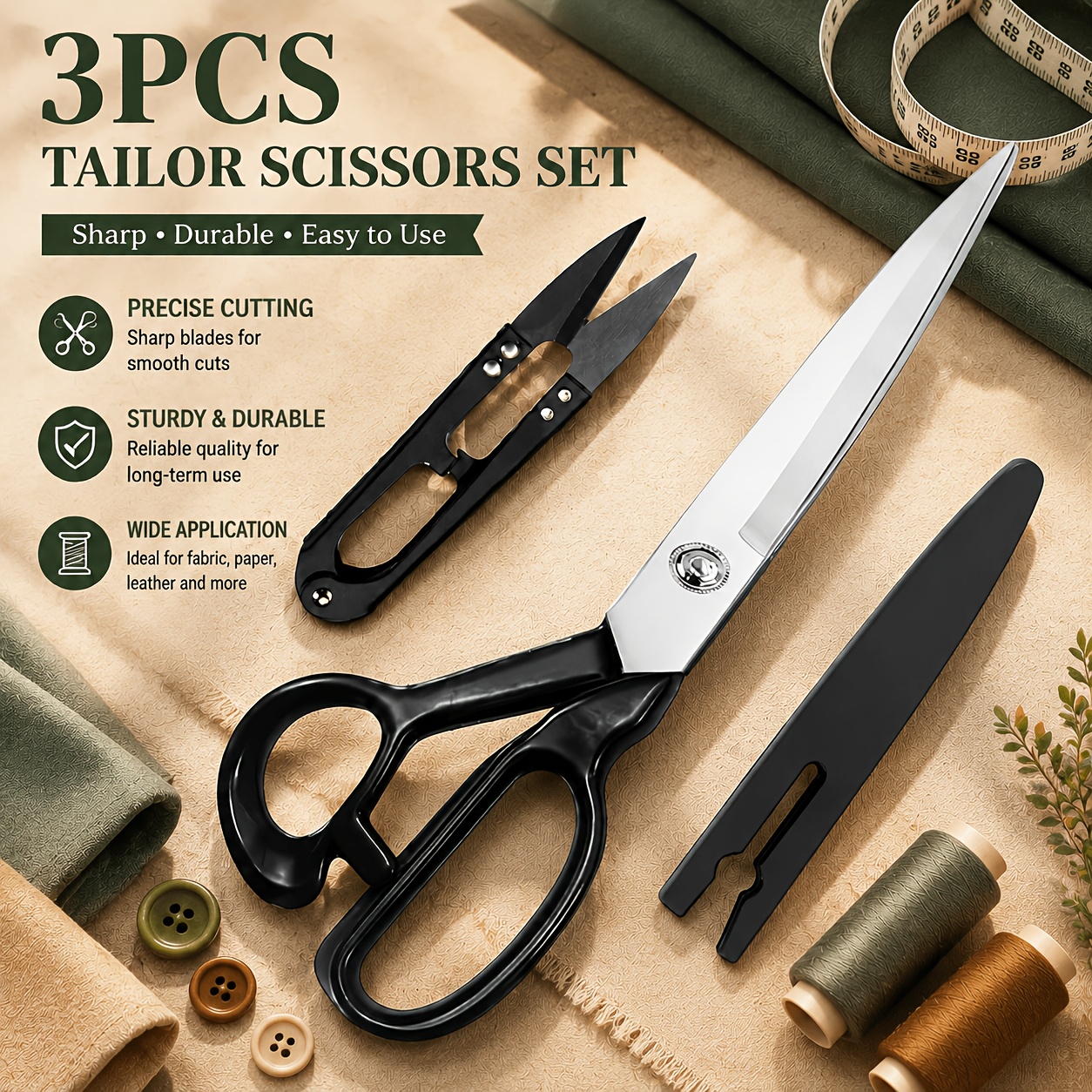 TEMU 3pcs Set: -inch Tailor Scissors + 1 X Scissor Sheath + 1 X Thread . White-blade Style 10-inch Black Professional Heavy-duty Scissors With Thread