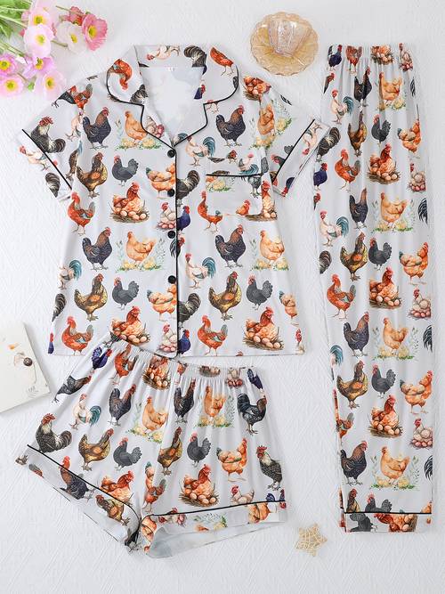 three piece pajama set 3pcs casual womens sleepwear set featuring a lapel button up short sleeve top and comfortable shorts pants elegant womens sleepwear and loungewear suitable for with themed egg pattern print