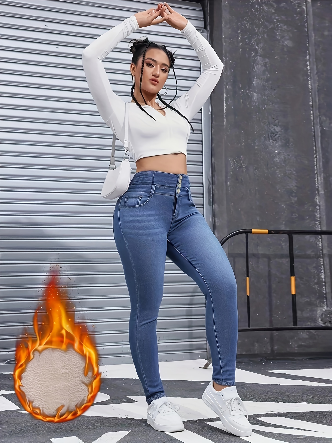 Women'S Plus Size High-Waisted Stretch Denim Jeans with Button Detail  Fit *-* Light Blue for Casual Attire, High Waisted Jeans, Comfortable 